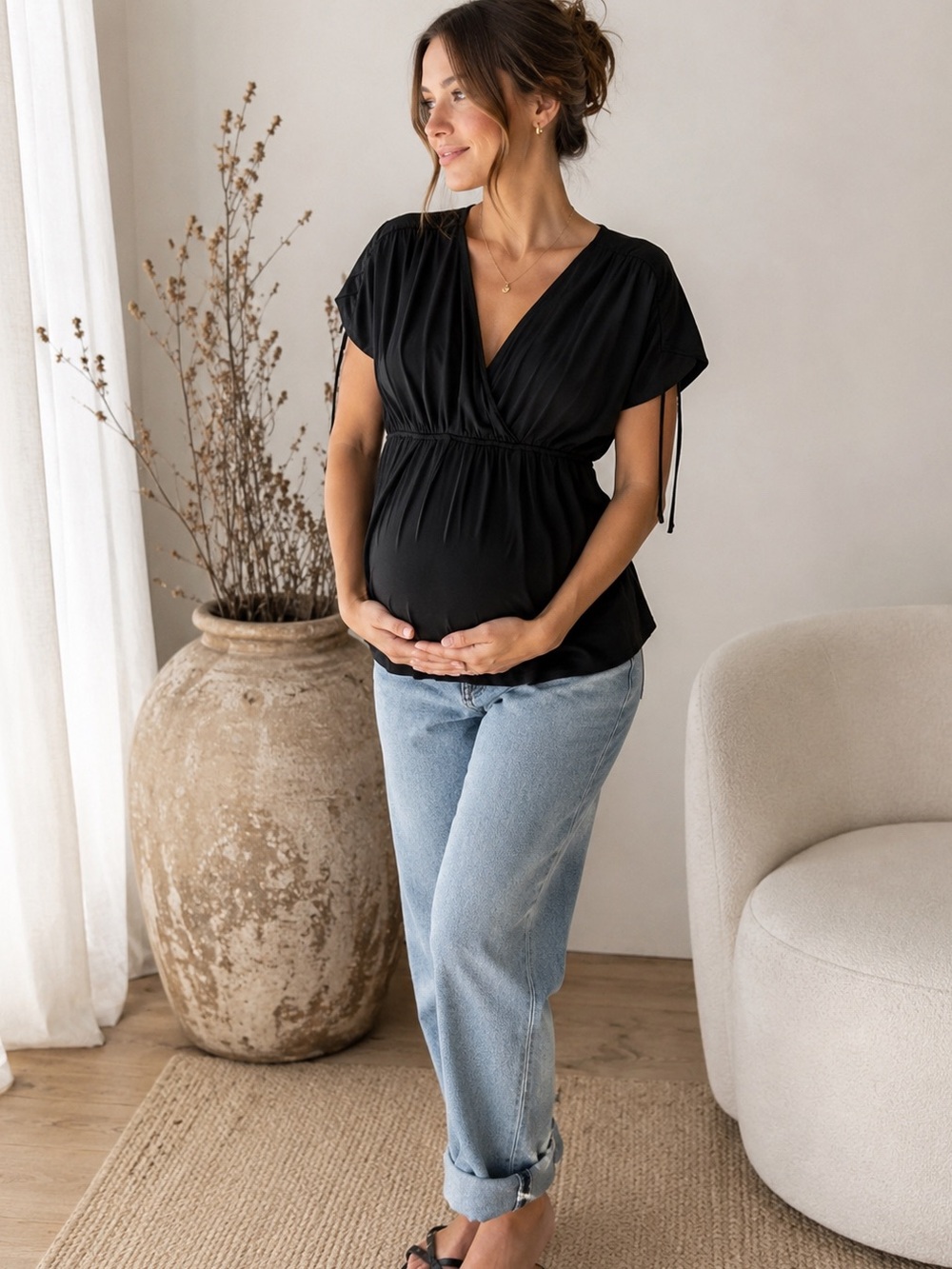 Motherhood Maternity Black Faux Wrap Peplum Top Size M